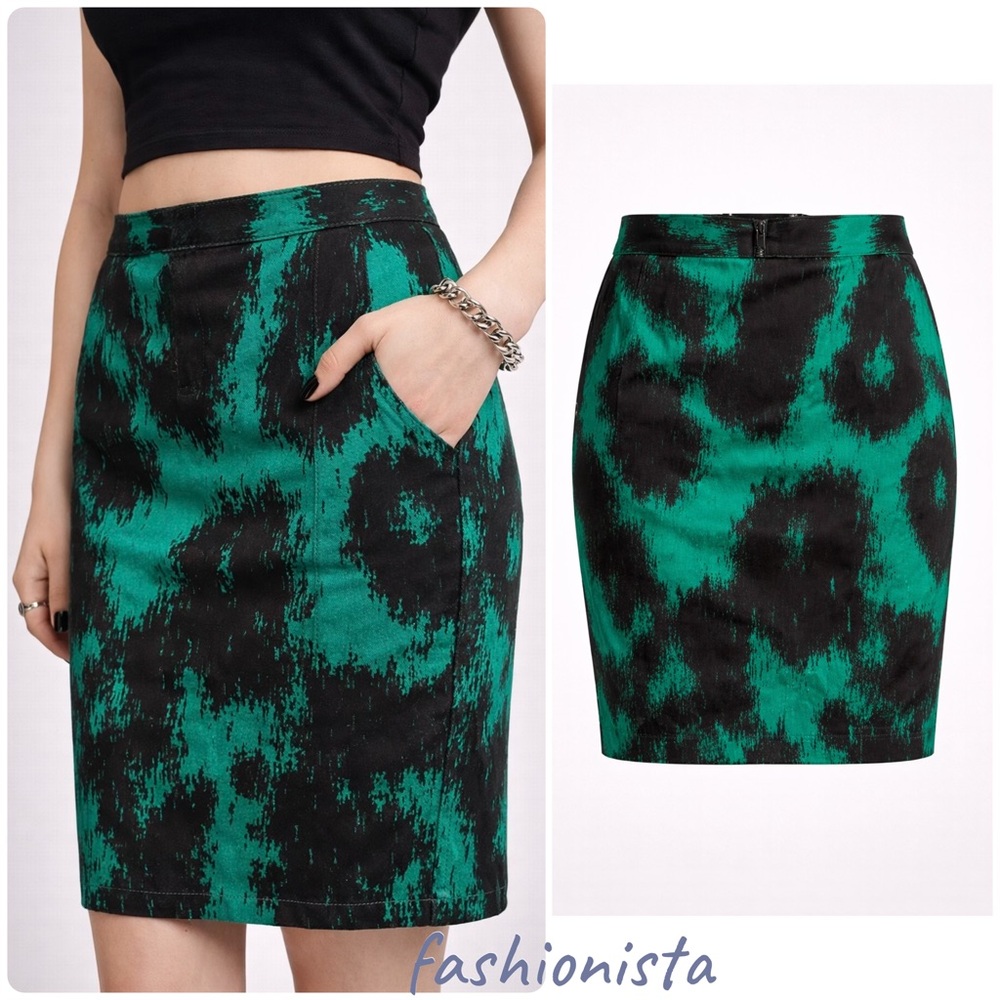 NWT RELIGION Emerald Green & Black Printed Pencil Skirt – Stretch Denim, XS